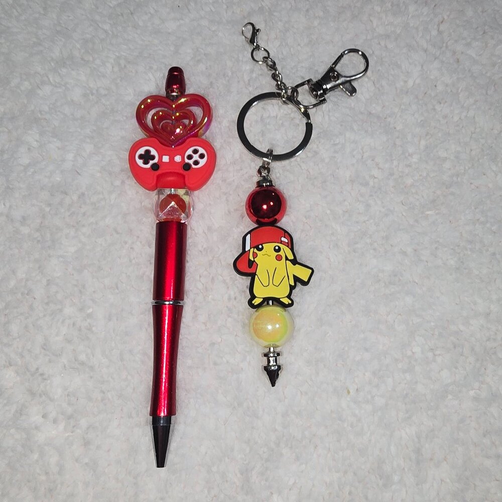Pokémon Pikachu Keychain + Red Gamer Heart Pen Kawaii Bundle Beaded Handcrafted